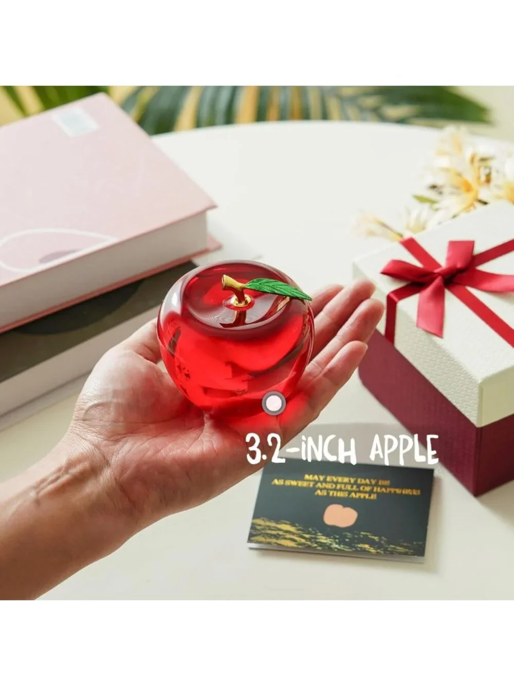 Elegant Crystal Apple Paperweight - Clear Glass Decor with Gold Stem, Perfect